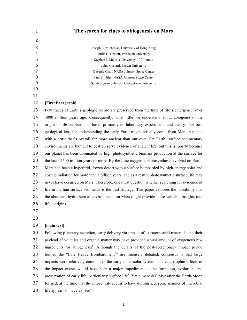 The Search for Clues to Abiogenesis on Mars 2 3 Joseph R