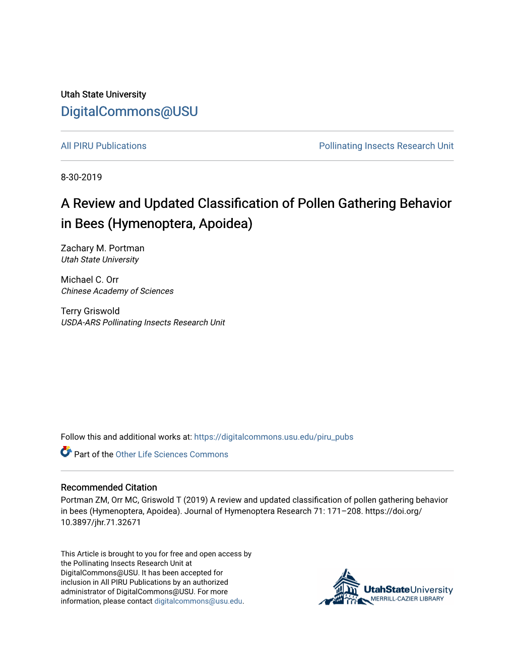 A Review and Updated Classification of Pollen Gathering Behavior in Bees (Hymenoptera, Apoidea)