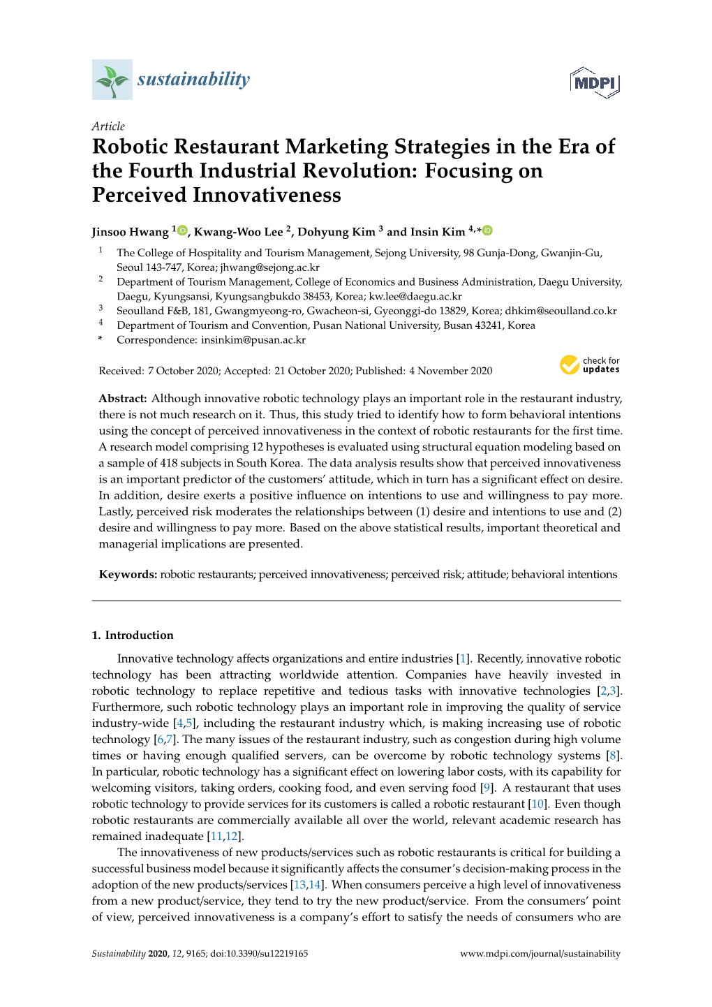 Robotic Restaurant Marketing Strategies in the Era of the Fourth Industrial Revolution: Focusing on Perceived Innovativeness