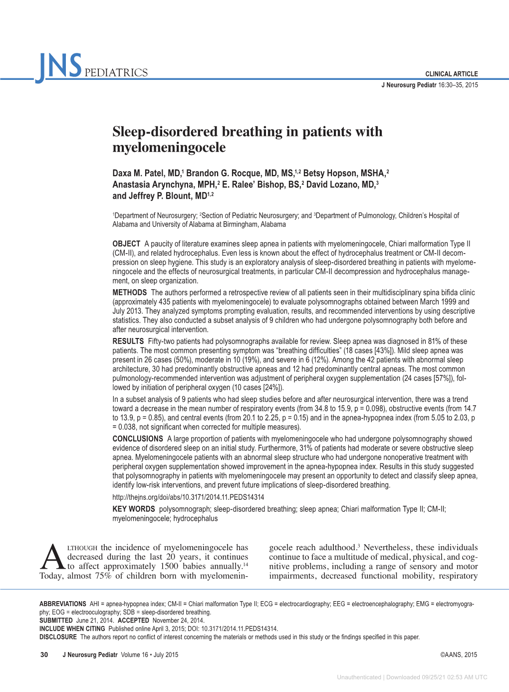 Sleep-Disordered Breathing in Patients with Myelomeningocele