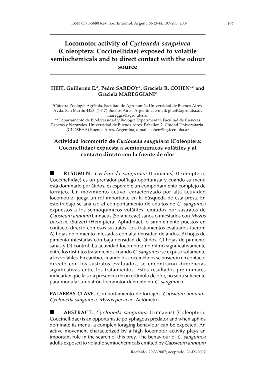 Locomotor Activity of Cycloneda Sanguinea (Coleoptera: Coccinellidae) Exposed to Volatile Semiochemicals and to Direct Contact with the Odour Source