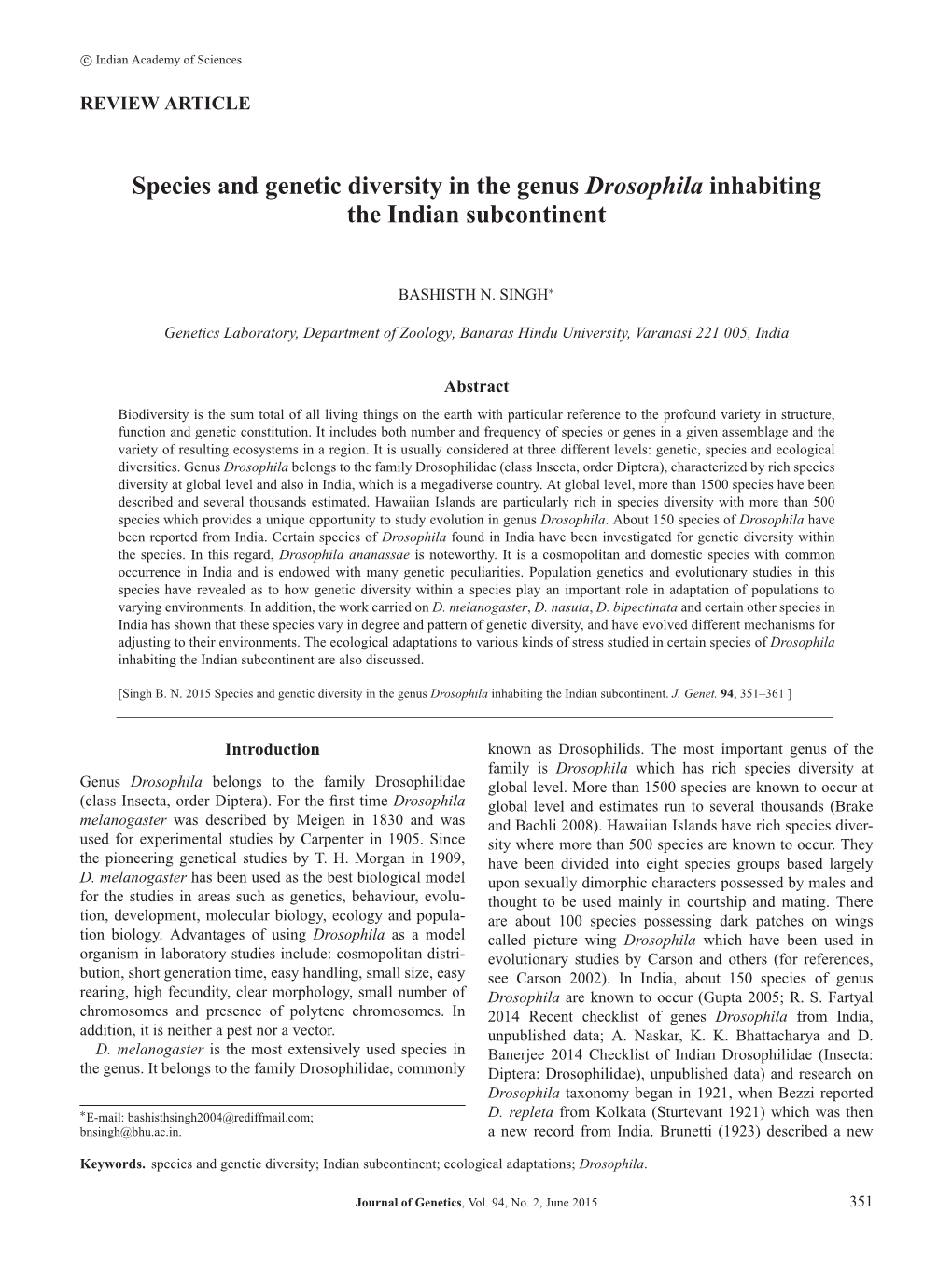 Species and Genetic Diversity in the Genus Drosophila Inhabiting the Indian Subcontinent