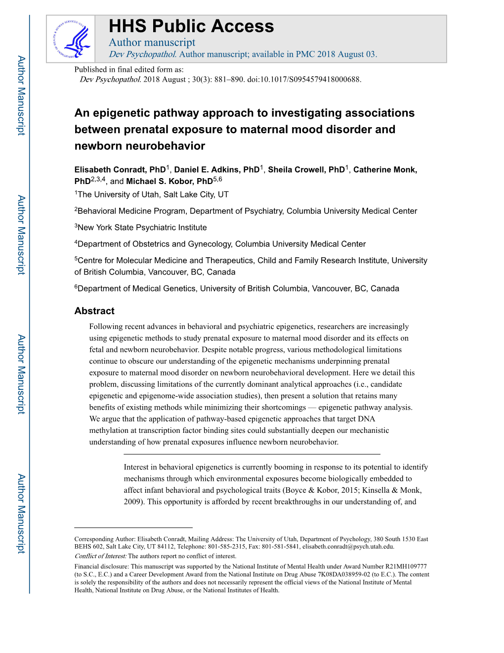 An Epigenetic Pathway Approach to Investigating Associations Between Prenatal Exposure to Maternal Mood Disorder and Newborn Neurobehavior