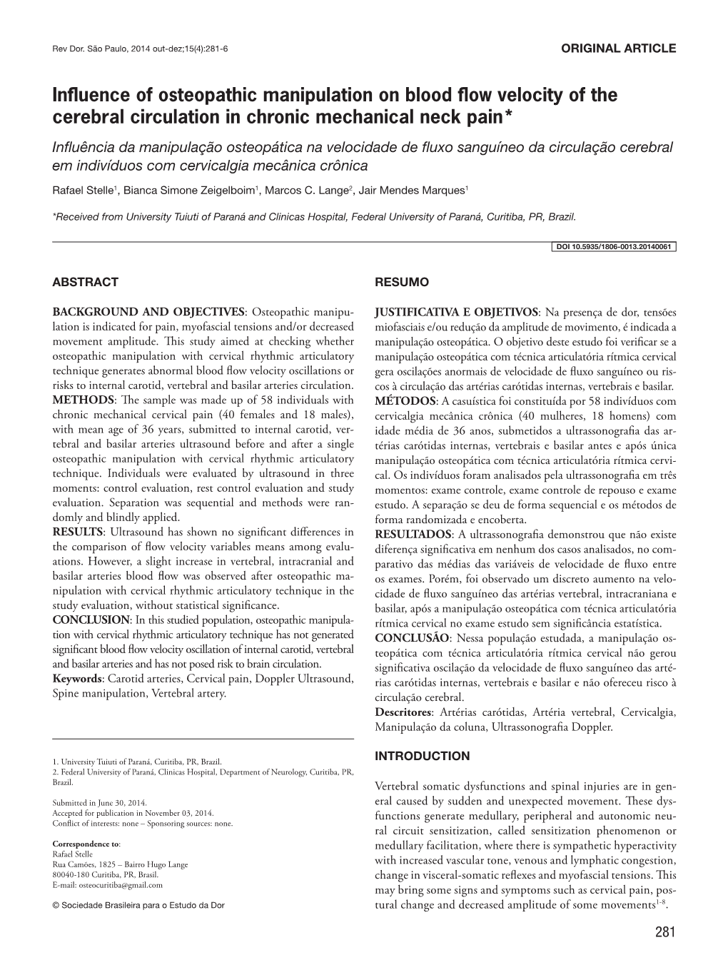 Influence of Osteopathic Manipulation on Blood Flow Velocity Of