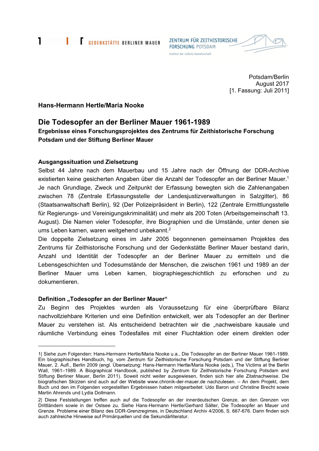 H. Hertle/M. Nooke, Die Todesopfer an Der Berliner Mauer 1961-1989