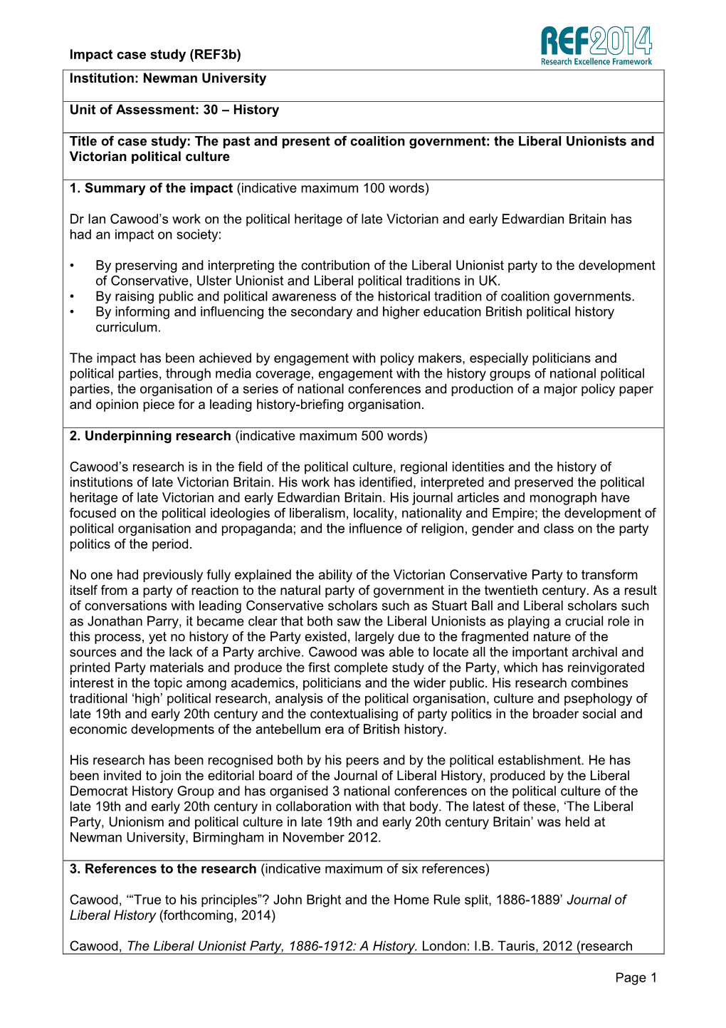 Impact Case Study (Ref3b) Institution: Newman University