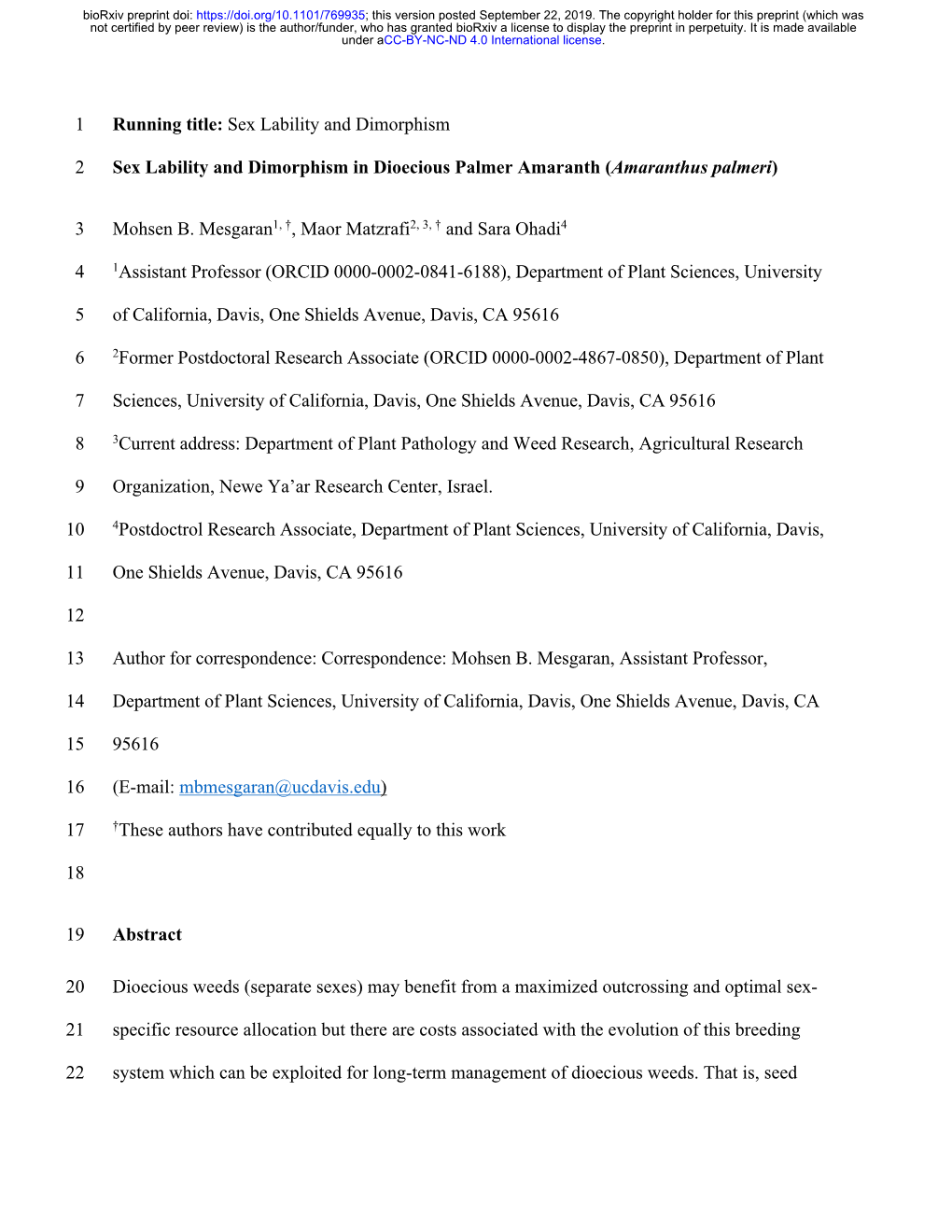 Sex Lability and Dimorphism in Dioecious Palmer Amaranth (Amaranthus Palmeri)