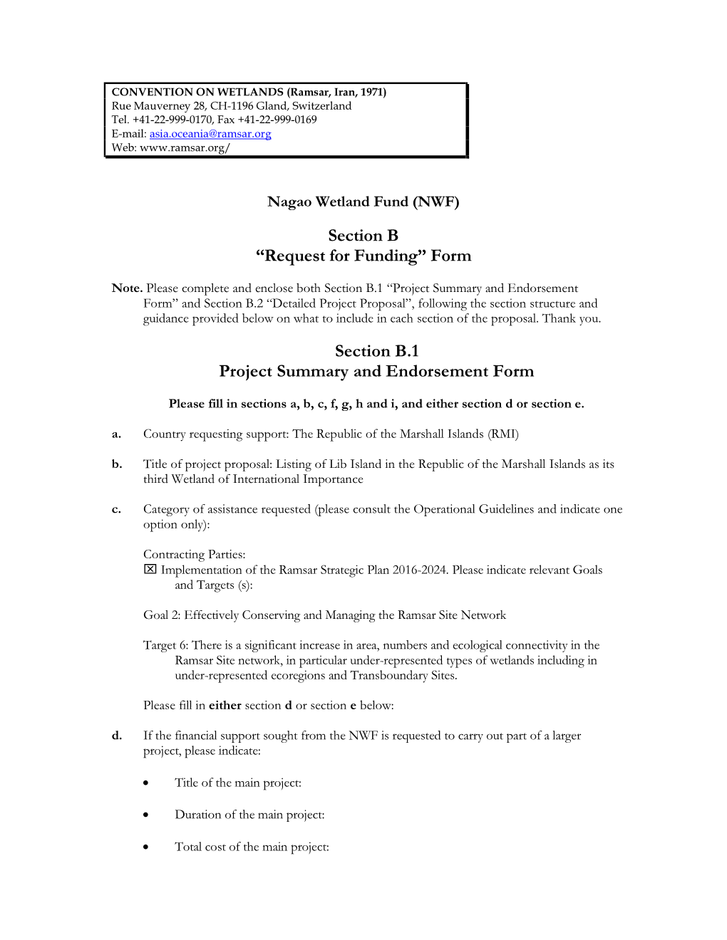 “Request for Funding” Form Section B.1 Project Summary And