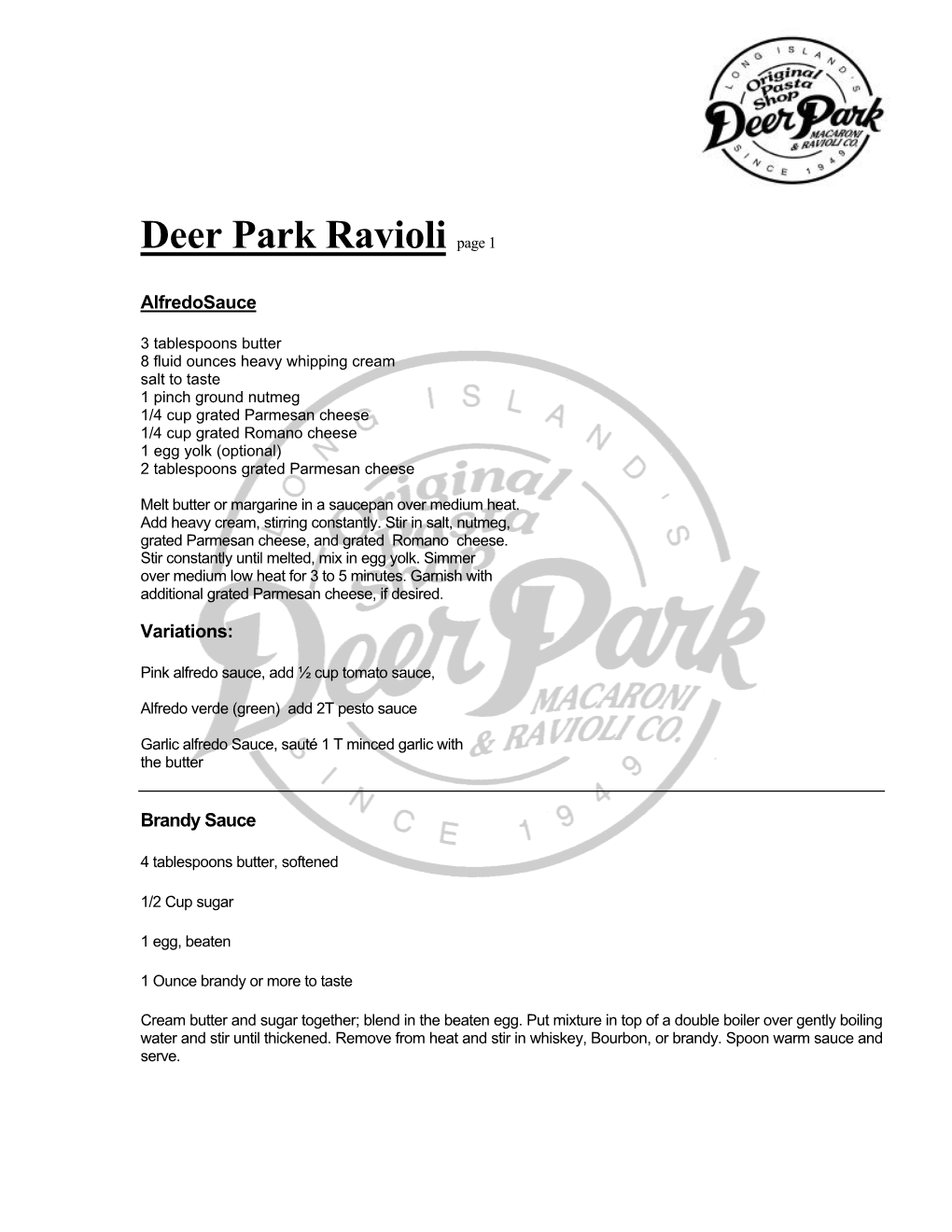 Deer Park Ravioli Page 1