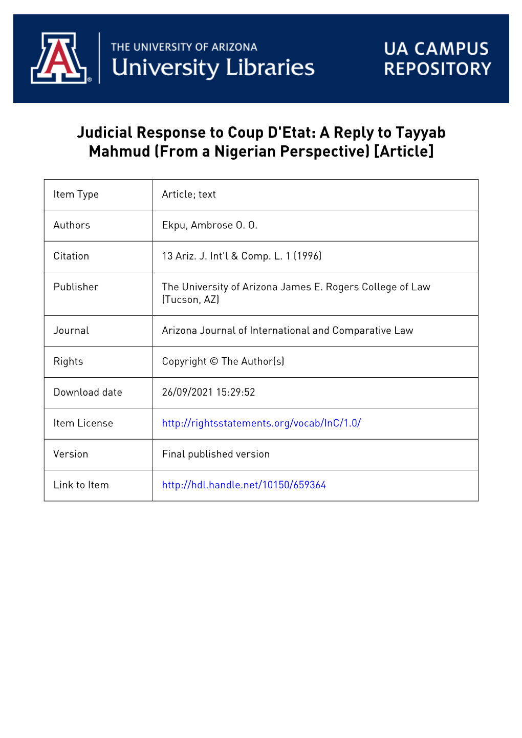 Judicial Response to Coup D'etat: a Reply to Tayyab Mahmud (From a Nigerian Perspective) [Article]