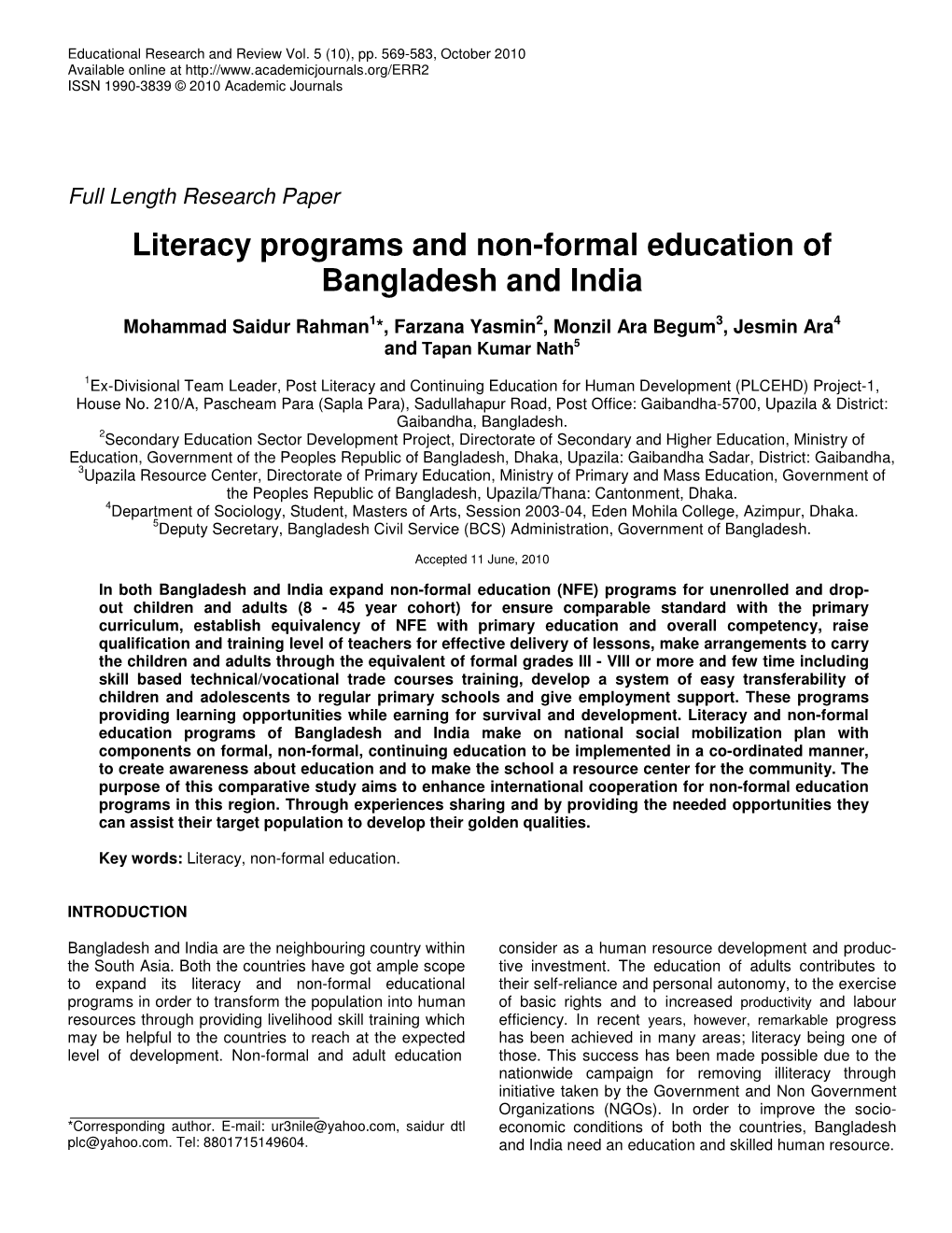 Literacy Programs and Non-Formal Education of Bangladesh and India