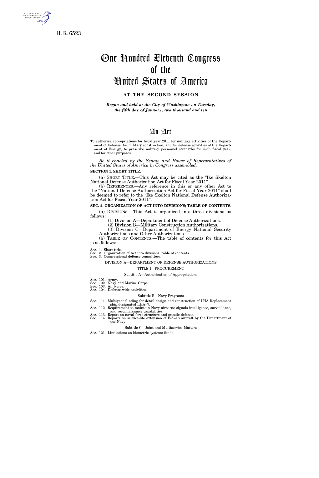 National Defense Authorization Act for Fiscal Year 2011’’