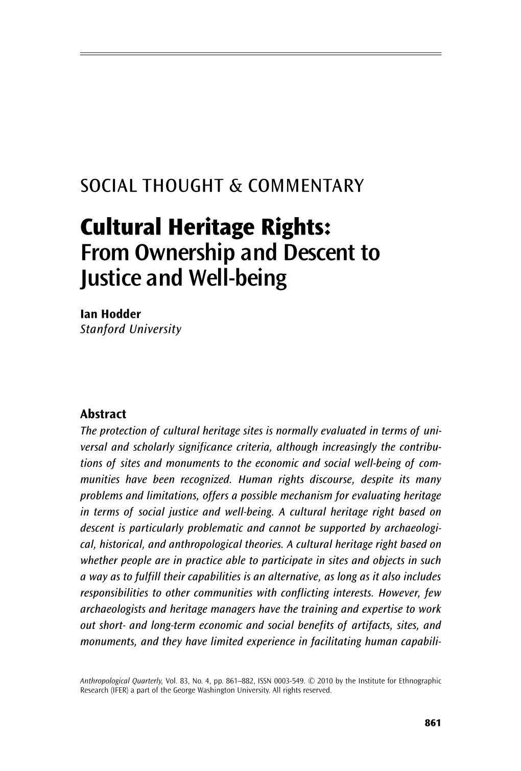 Cultural Heritage Rights: from Ownership and Descent to Justice and Well-Being