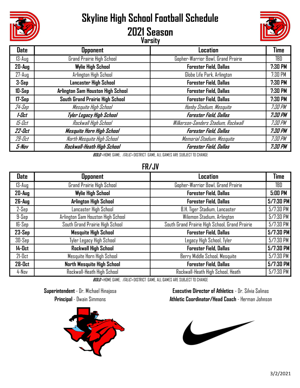 Skyline High School Football Schedule 2021 Season