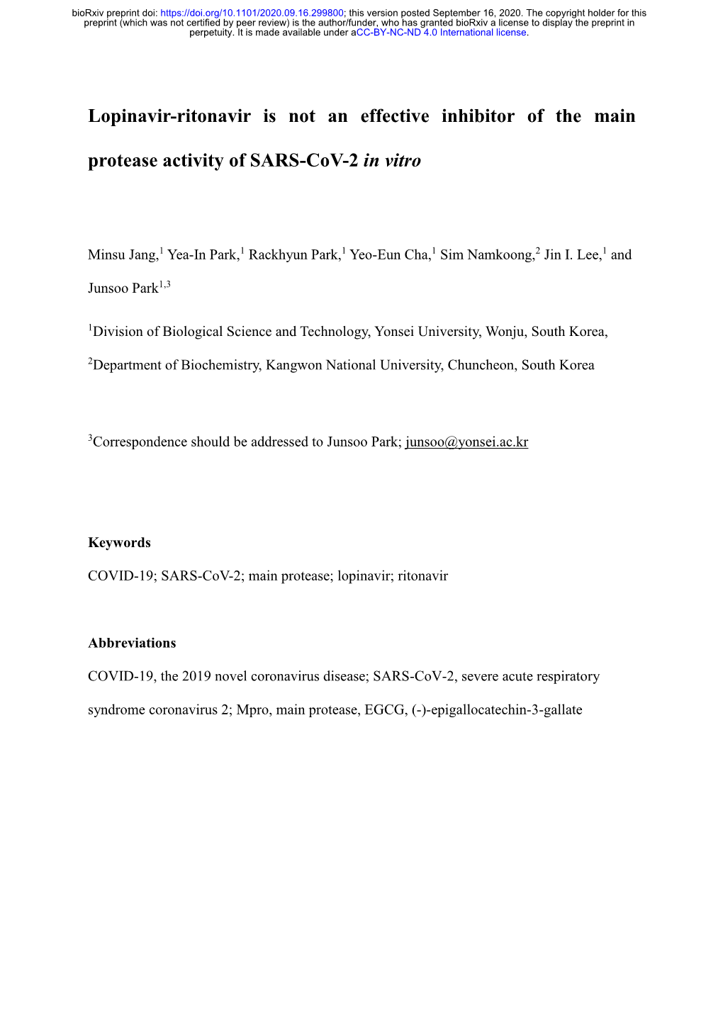 Lopinavir-Ritonavir Is Not an Effective Inhibitor of the Main Protease Activity of SARS-Cov-2 in Vitro