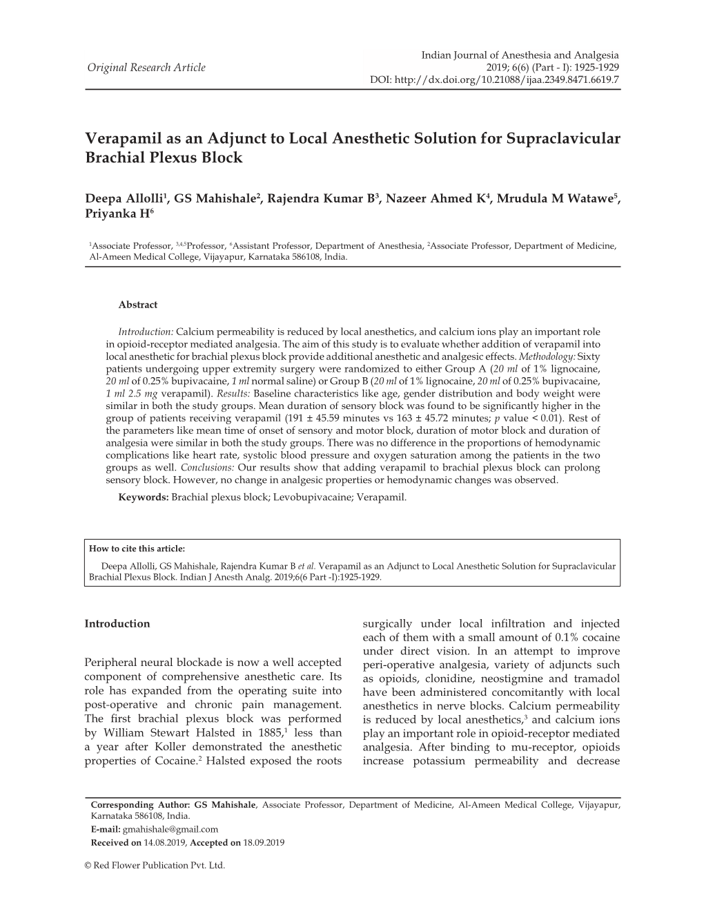 Verapamil As an Adjunct to Local Anesthetic Solution for Supraclavicular Brachial Plexus Block