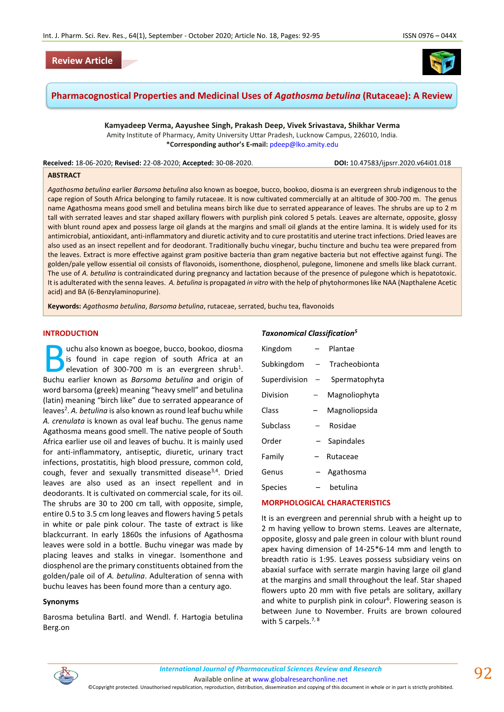 Pharmacognostical Properties and Medicinal Uses of Agathosma Betulina (Rutaceae): a Review