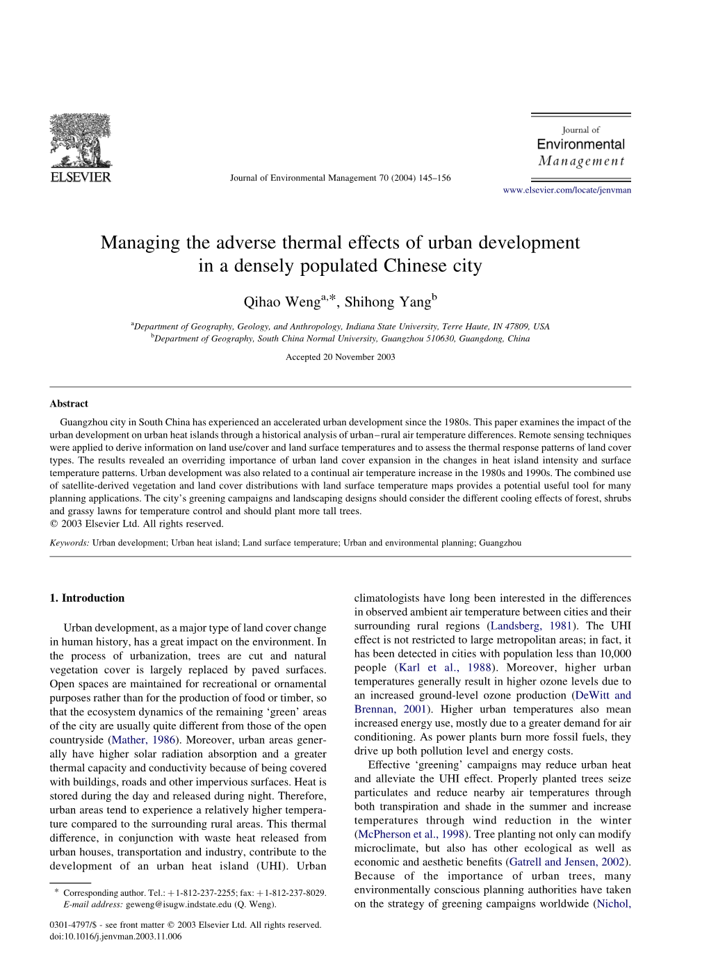 Managing the Adverse Thermal Effects of Urban Development in a Densely Populated Chinese City