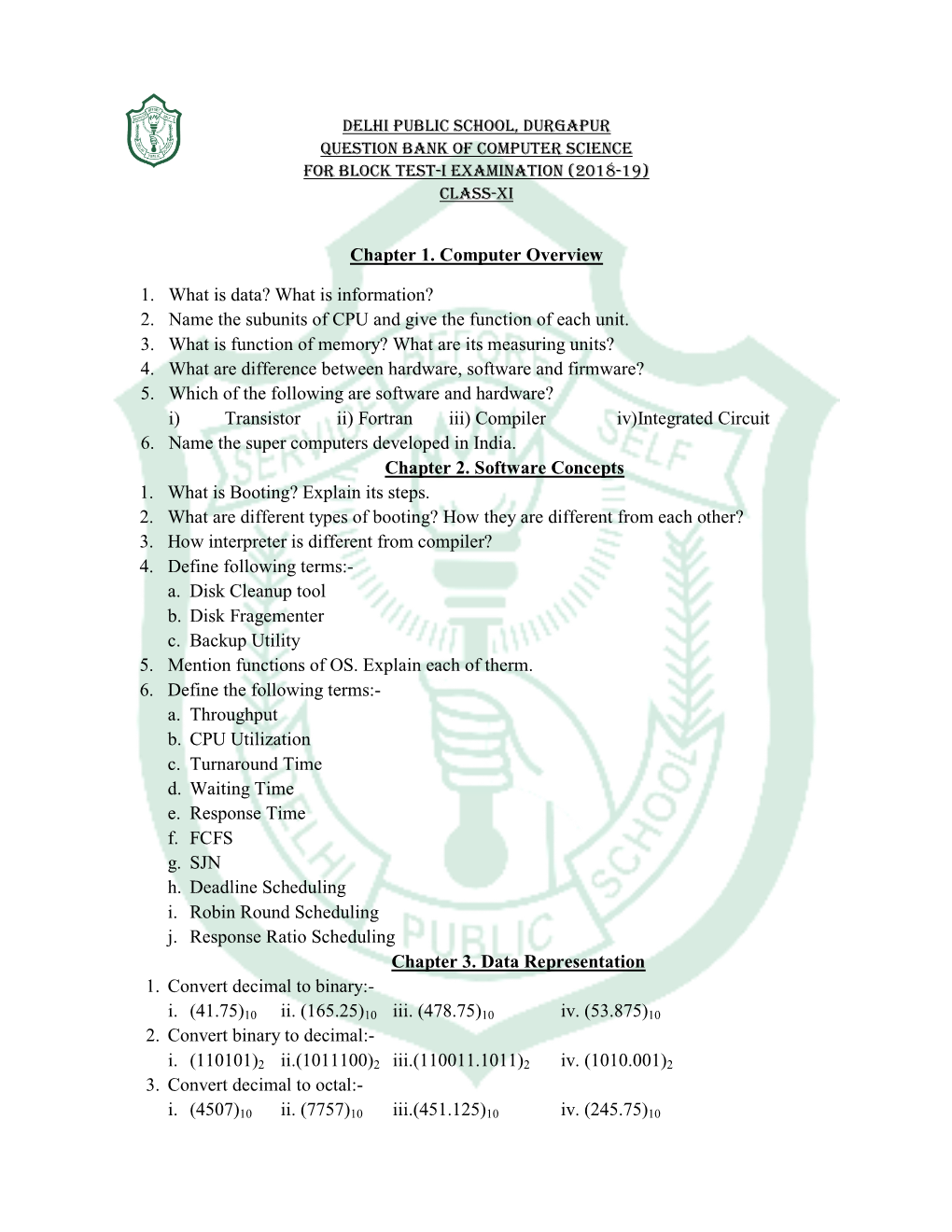 Computer Science for Block Test-I Examination (2018-19) CLASS-XI