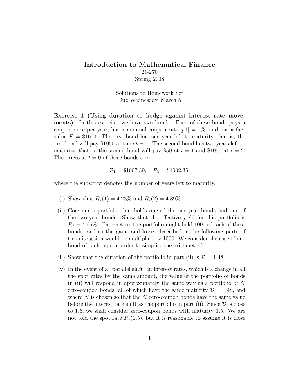 Introduction to Mathematical Finance 21-270 Spring 2008
