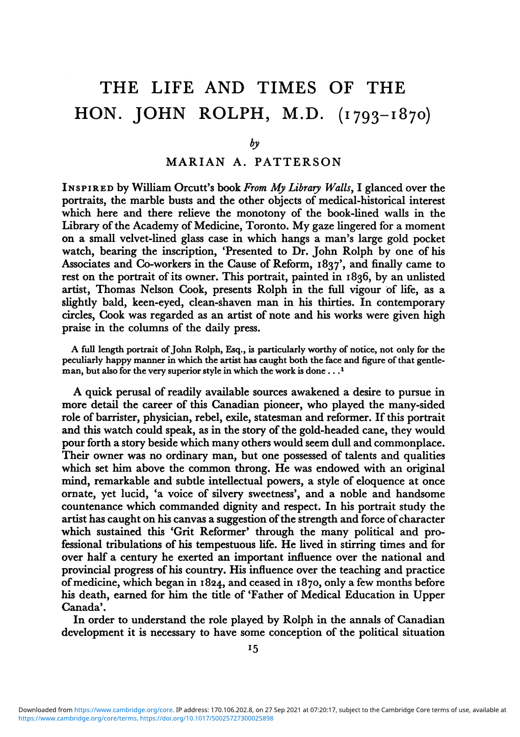 The Life and Times of the Hon. John Rolph, Md