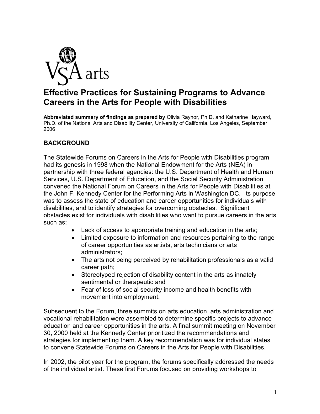 Effective Practices for Sustaining Programs to Advance Careers in the Arts for People With