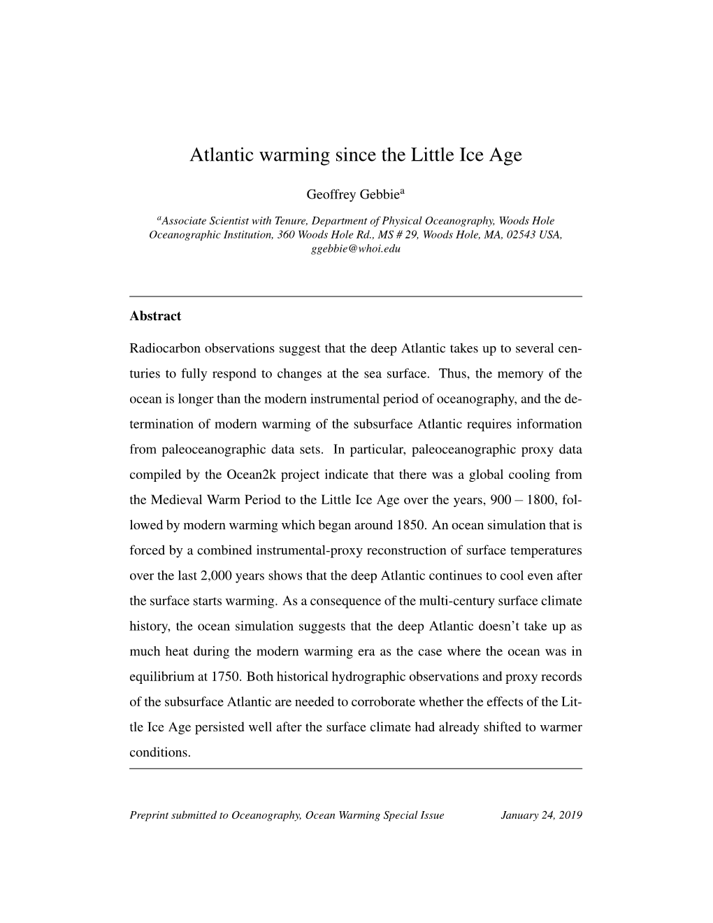 Atlantic Warming Since the Little Ice Age