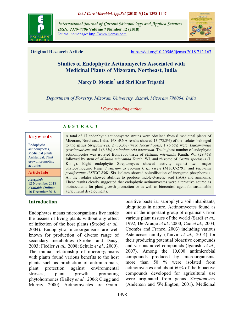 Studies of Endophytic Actinomycetes Associated with Medicinal Plants of Mizoram, Northeast, India