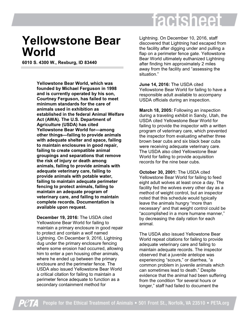 Yellowstone Bear World Ultimately Euthanized Lightning 6010 S