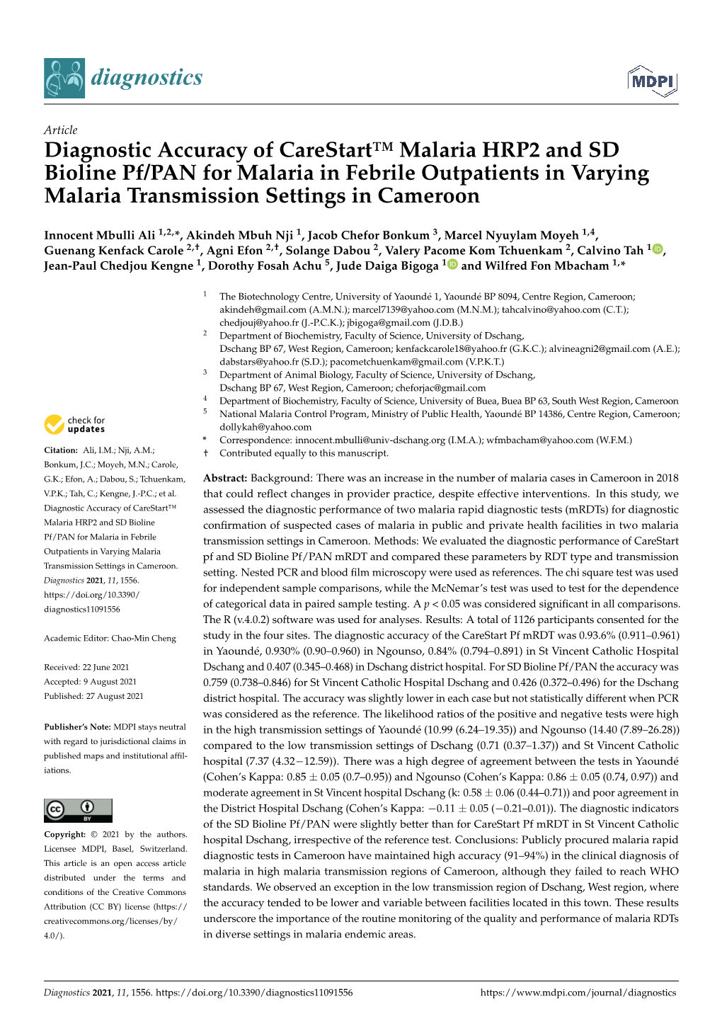 Diagnostic Accuracy of Carestart™ Malaria HRP2 and SD Bioline Pf/PAN for Malaria in Febrile Outpatients in Varying Malaria Transmission Settings in Cameroon