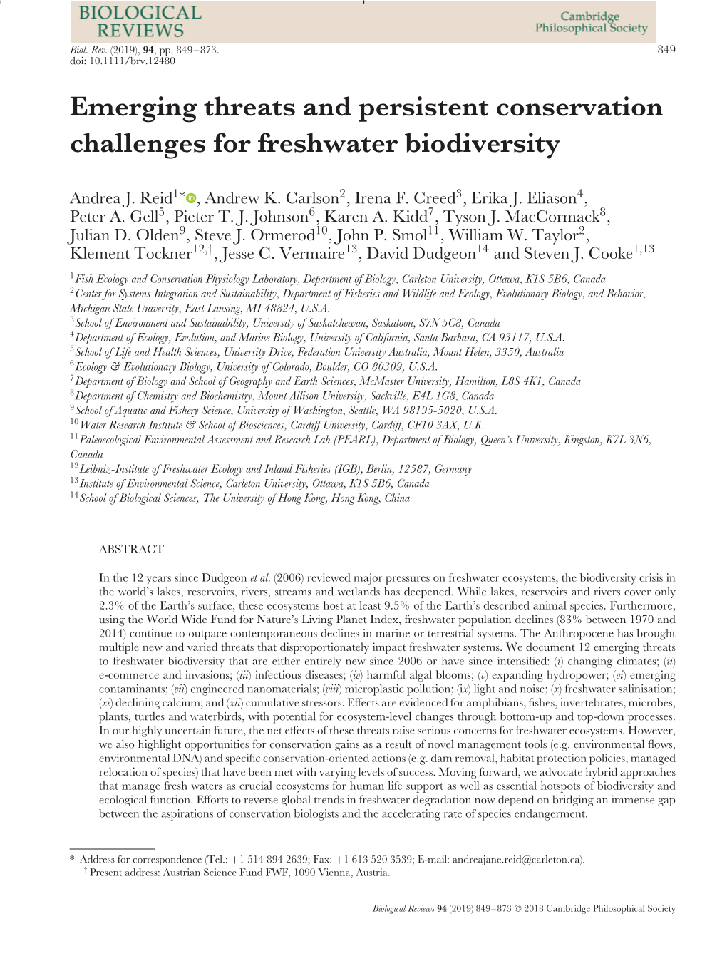 Emerging Threats and Persistent Conservation Challenges for Freshwater Biodiversity