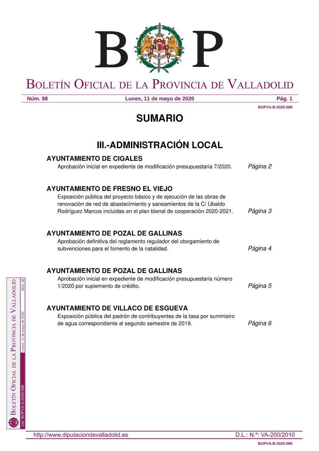 Sumario Boletín Oficial De La Provincia De Valladolid