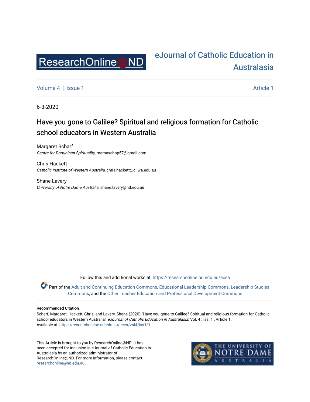 Have You Gone to Galilee? Spiritual and Religious Formation for Catholic School Educators in Western Australia