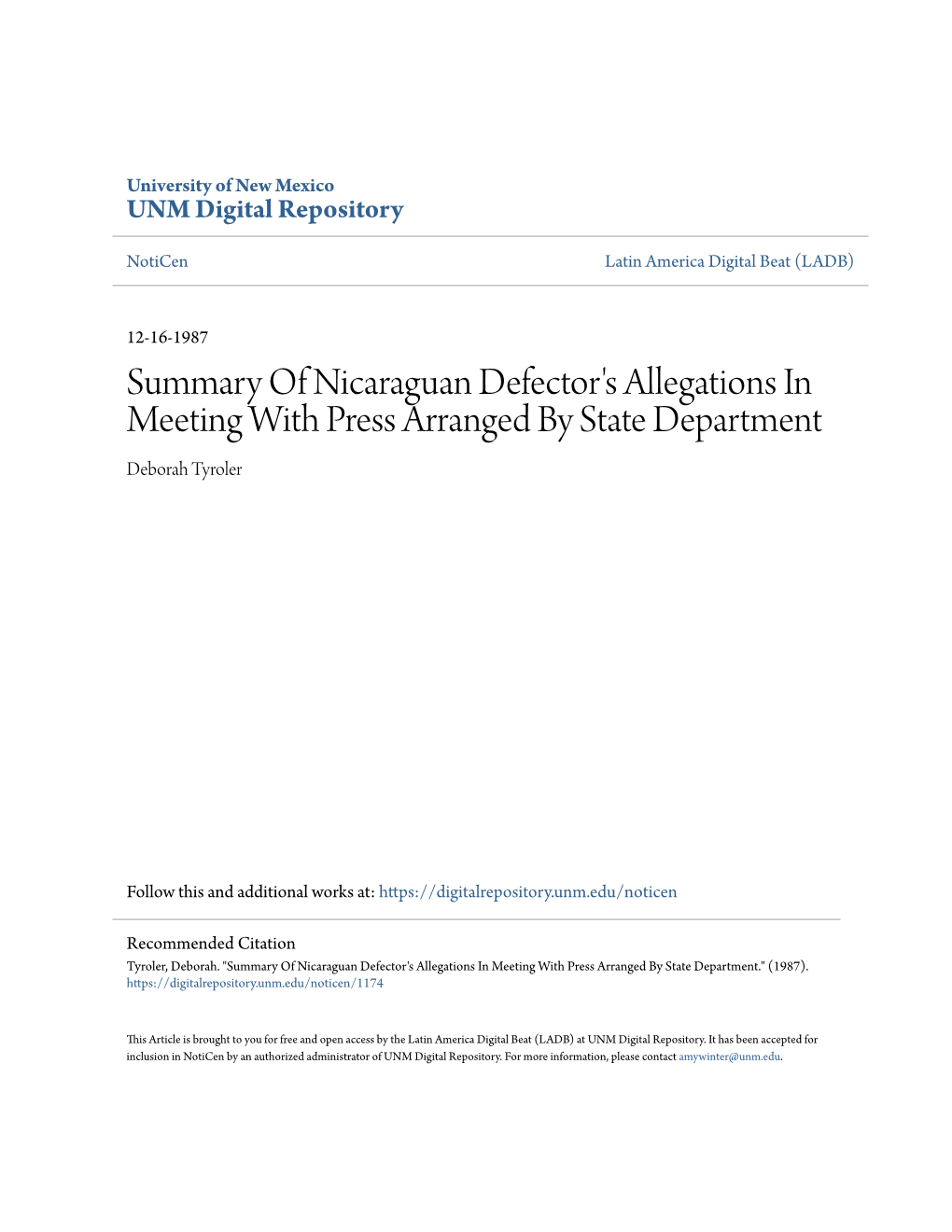 Summary of Nicaraguan Defector's Allegations in Meeting with Press Arranged by State Department Deborah Tyroler