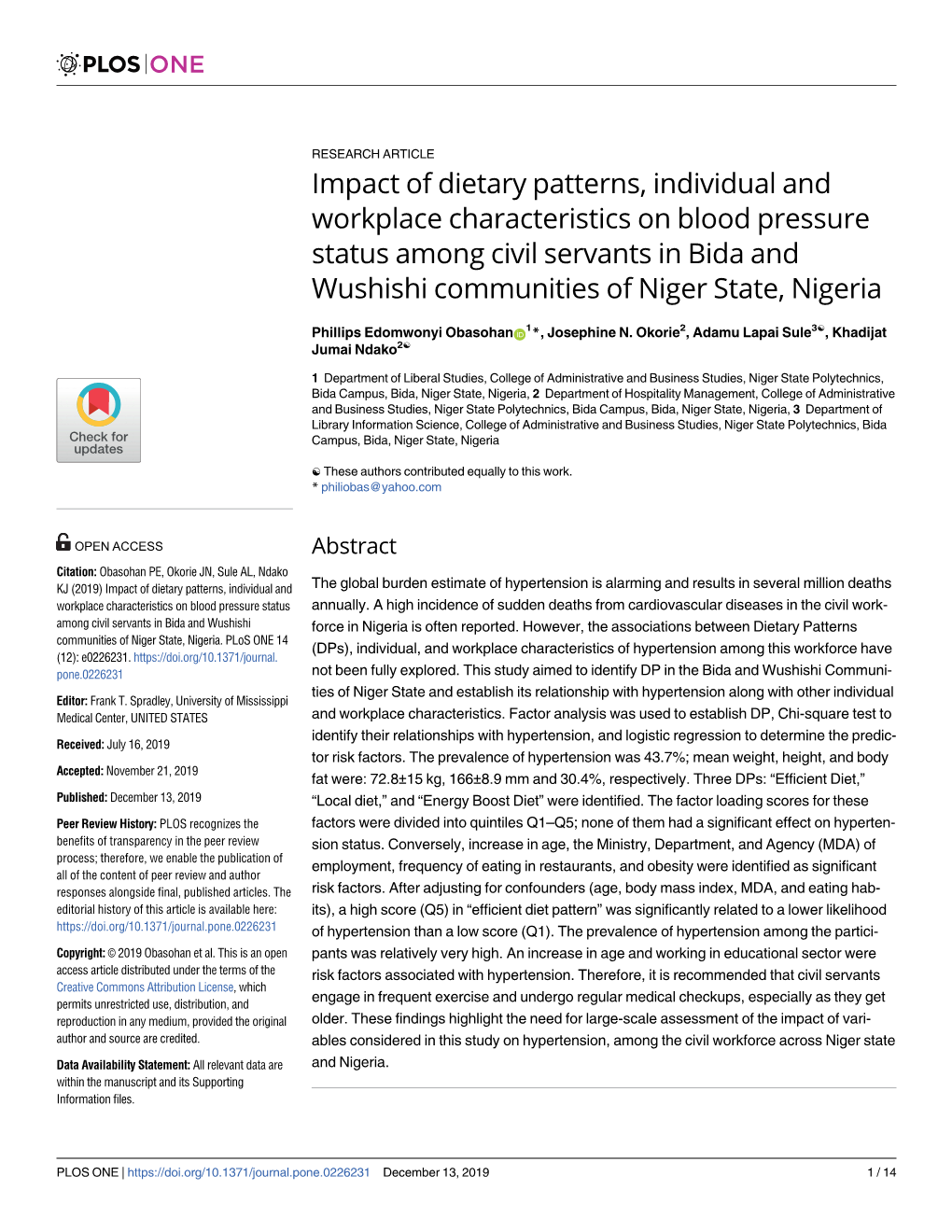 Impact of Dietary Patterns, Individual and Workplace Characteristics on Blood Pressure Status Among Civil Servants in Bida and W
