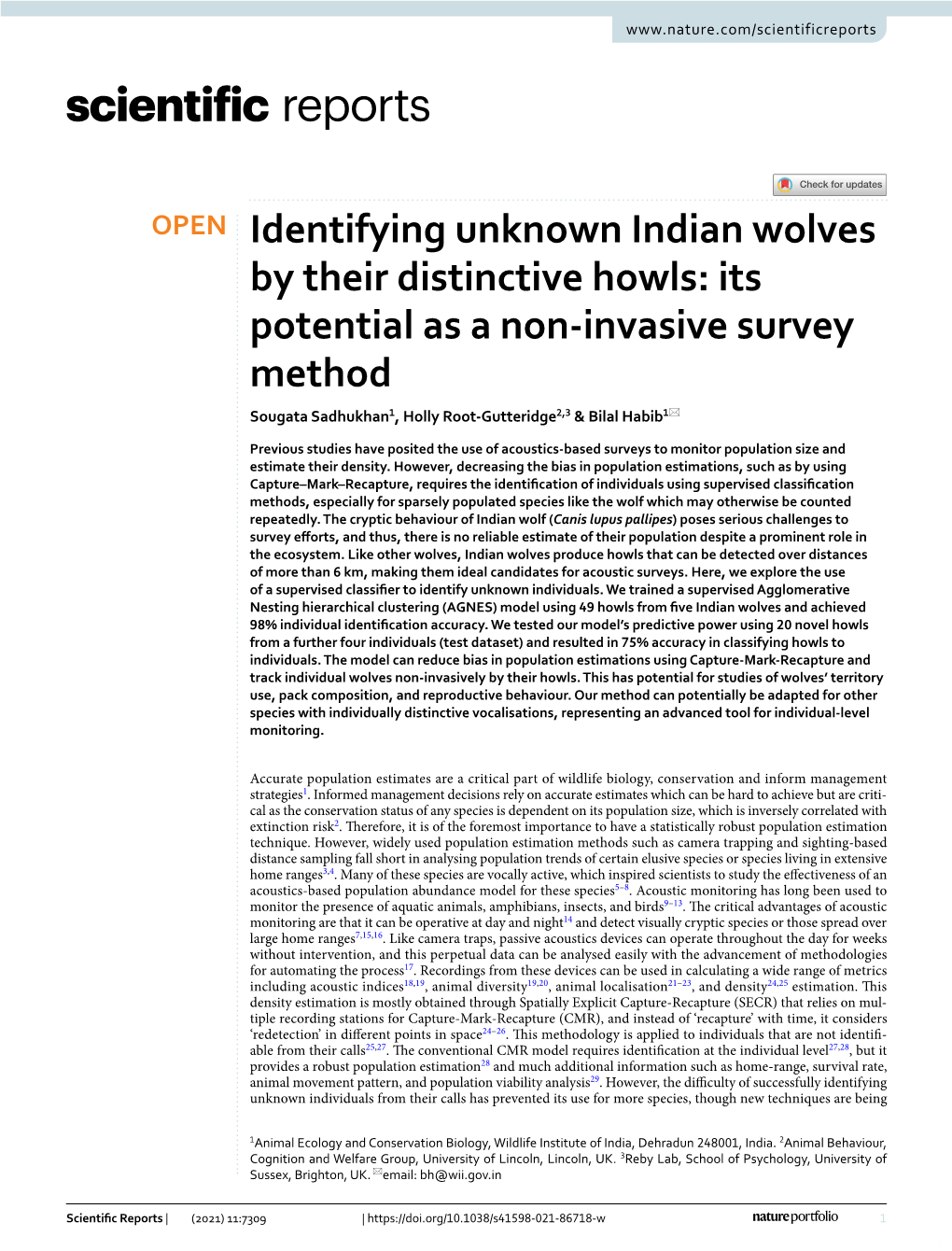 Identifying Unknown Indian Wolves by Their Distinctive Howls