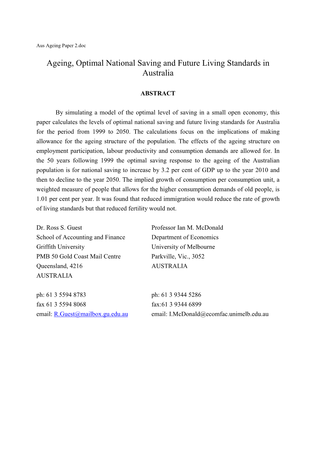 Ageing, Optimal National Saving and Future Living Standards in Australia