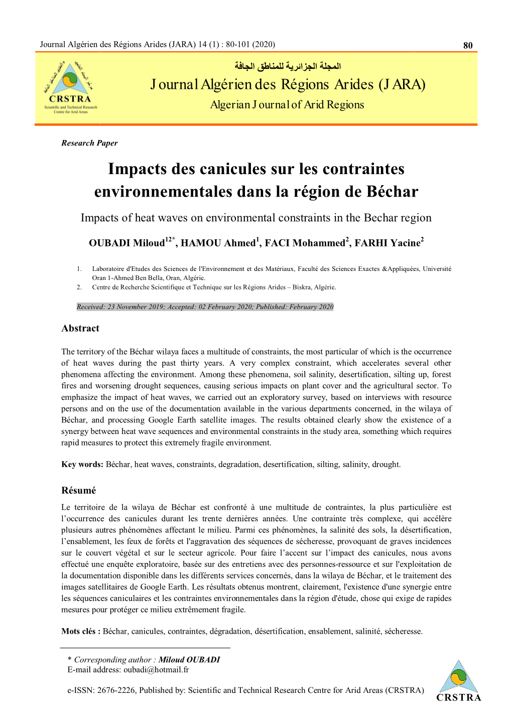 Impacts Des Canicules Sur Les Contraintes Environnementales Dans La Région De Béchar Impacts of Heat Waves on Environmental Constraints in the Bechar Region