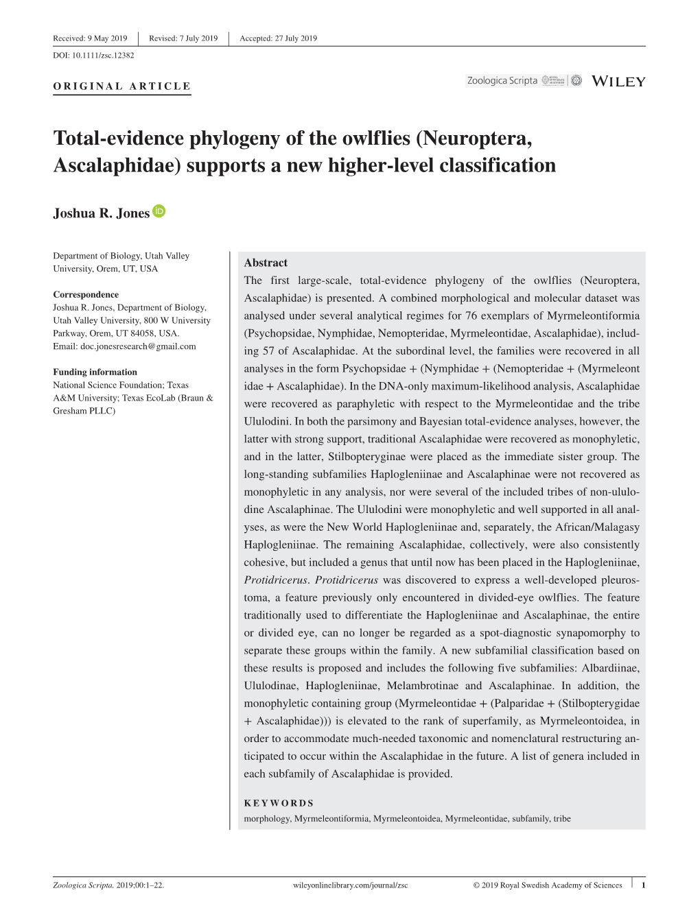 Neuroptera, Ascalaphidae) Supports a New Higher‐Level Classification