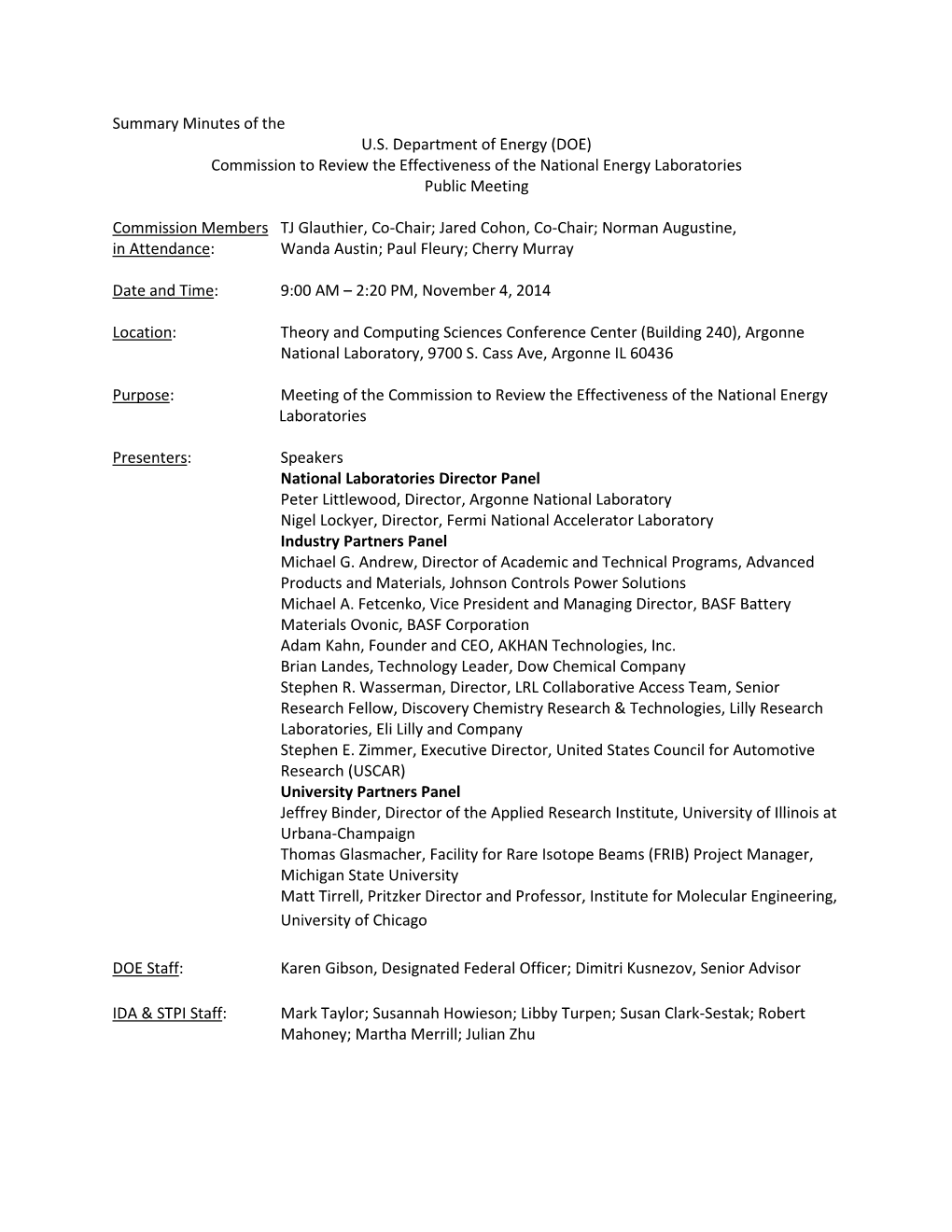 Summary Minutes of the U.S. Department of Energy (DOE) Commission to Review the Effectiveness of the National Energy Laboratories Public Meeting