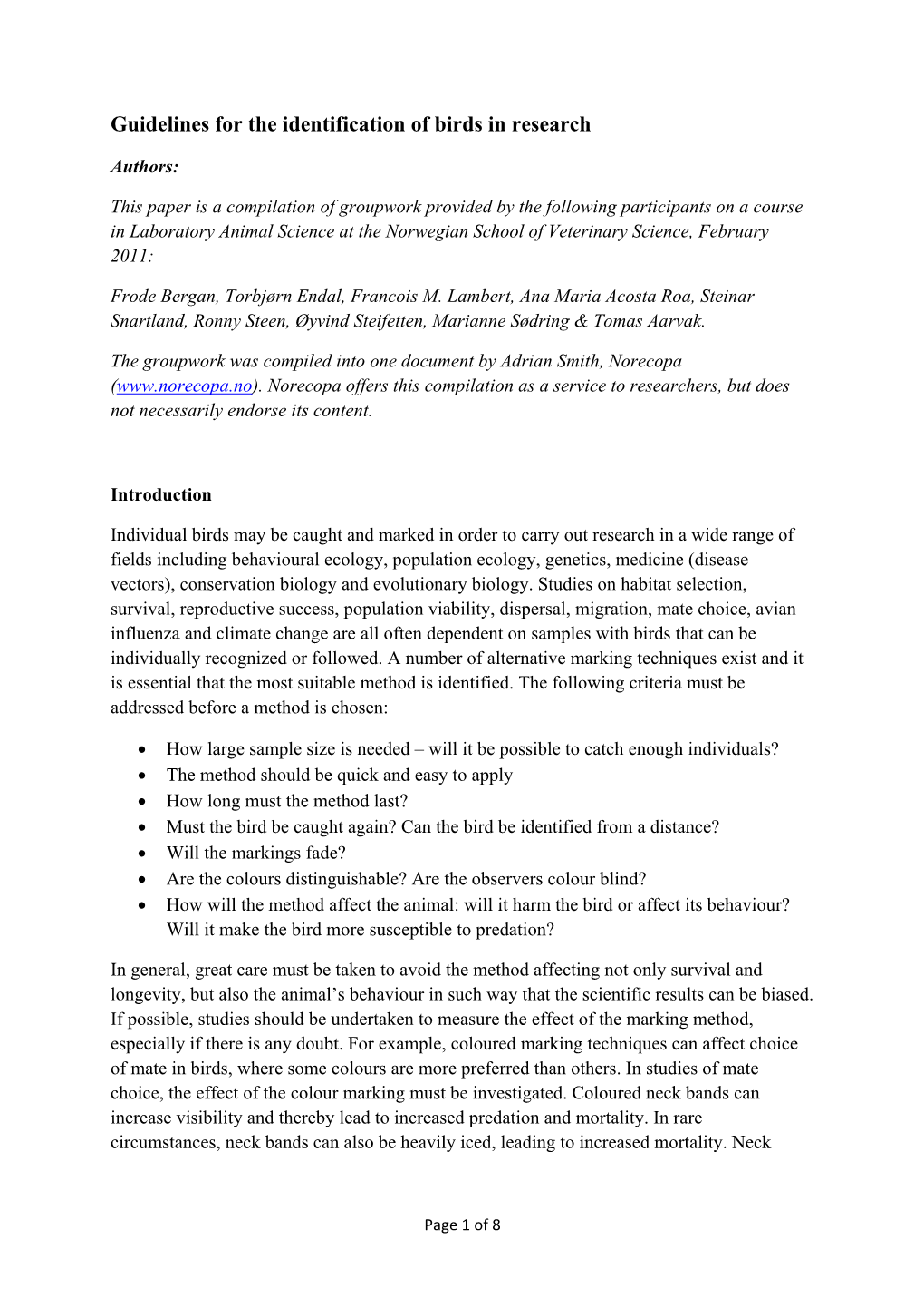 Guidelines for the Identification (Marking) of Birds in Research