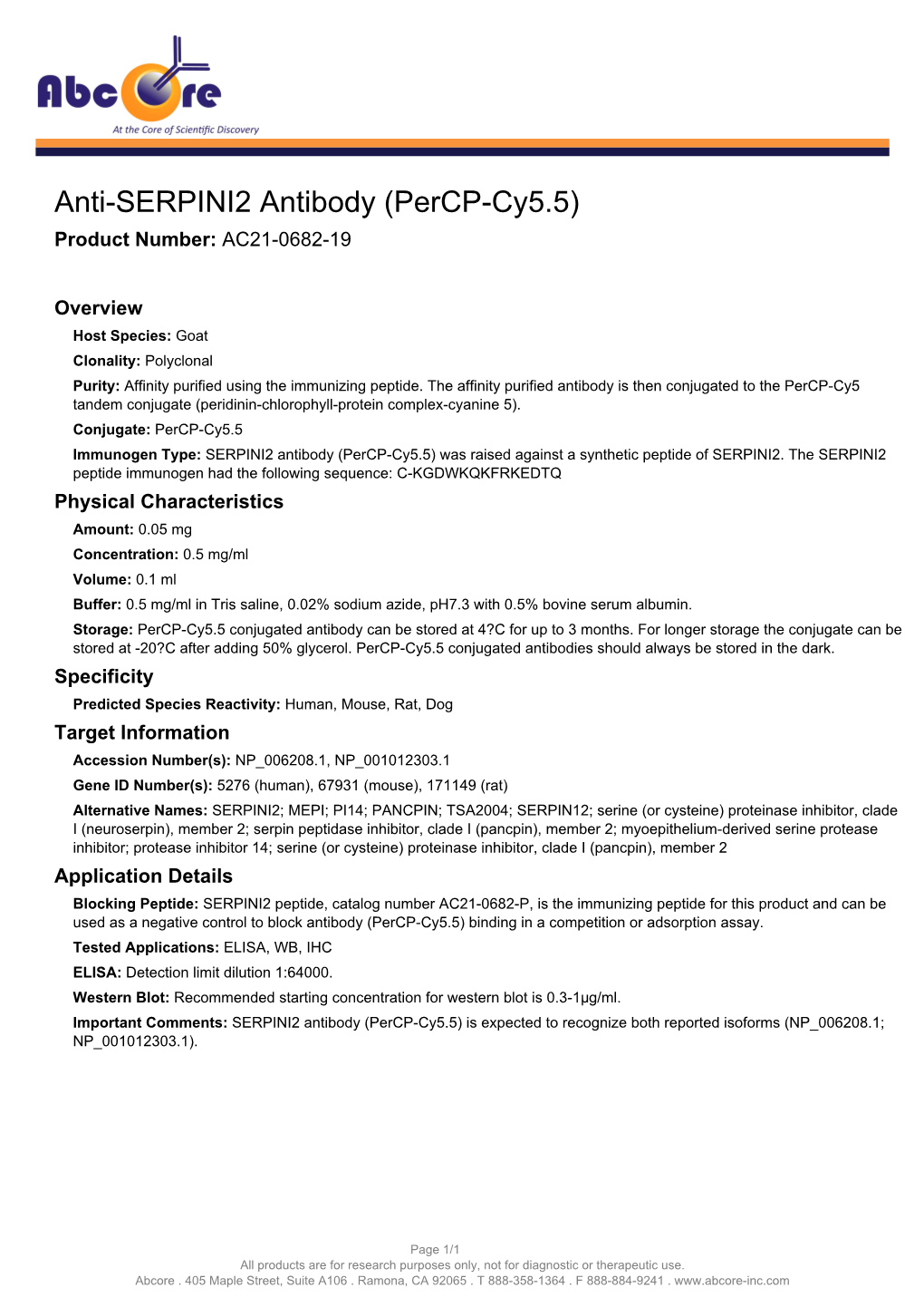 Anti-SERPINI2 Antibody (Percp-Cy5.5) Product Number: AC21-0682-19