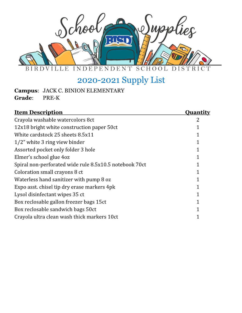 2020-2021 Supply List Campus: JACK C