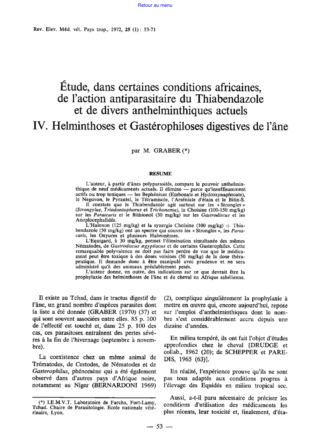 Etude, Dans Certaines Conditions Africaines, De L'action Antiparasitaire