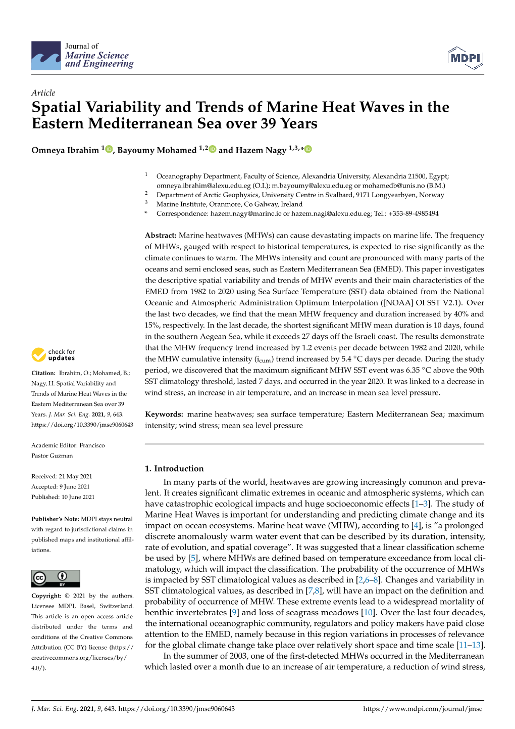 Spatial Variability and Trends of Marine Heat Waves in the Eastern Mediterranean Sea Over 39 Years