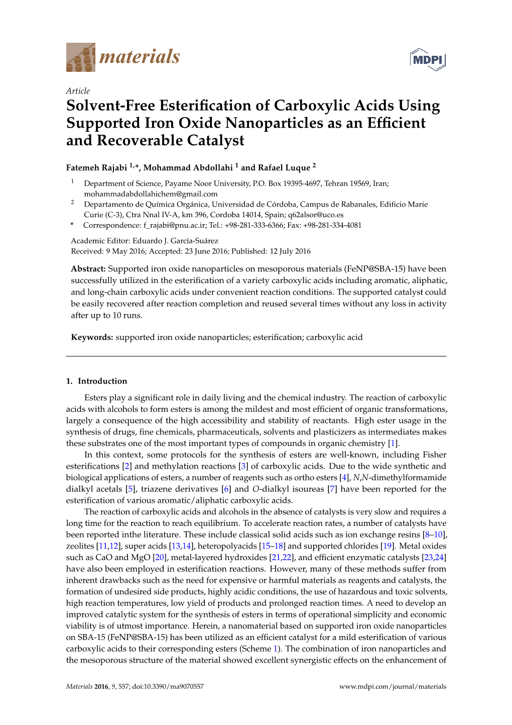 Solvent-Free Esterification of Carboxylic Acids Using Supported Iron Oxide Nanoparticles As an Efficient and Recoverable Catalys