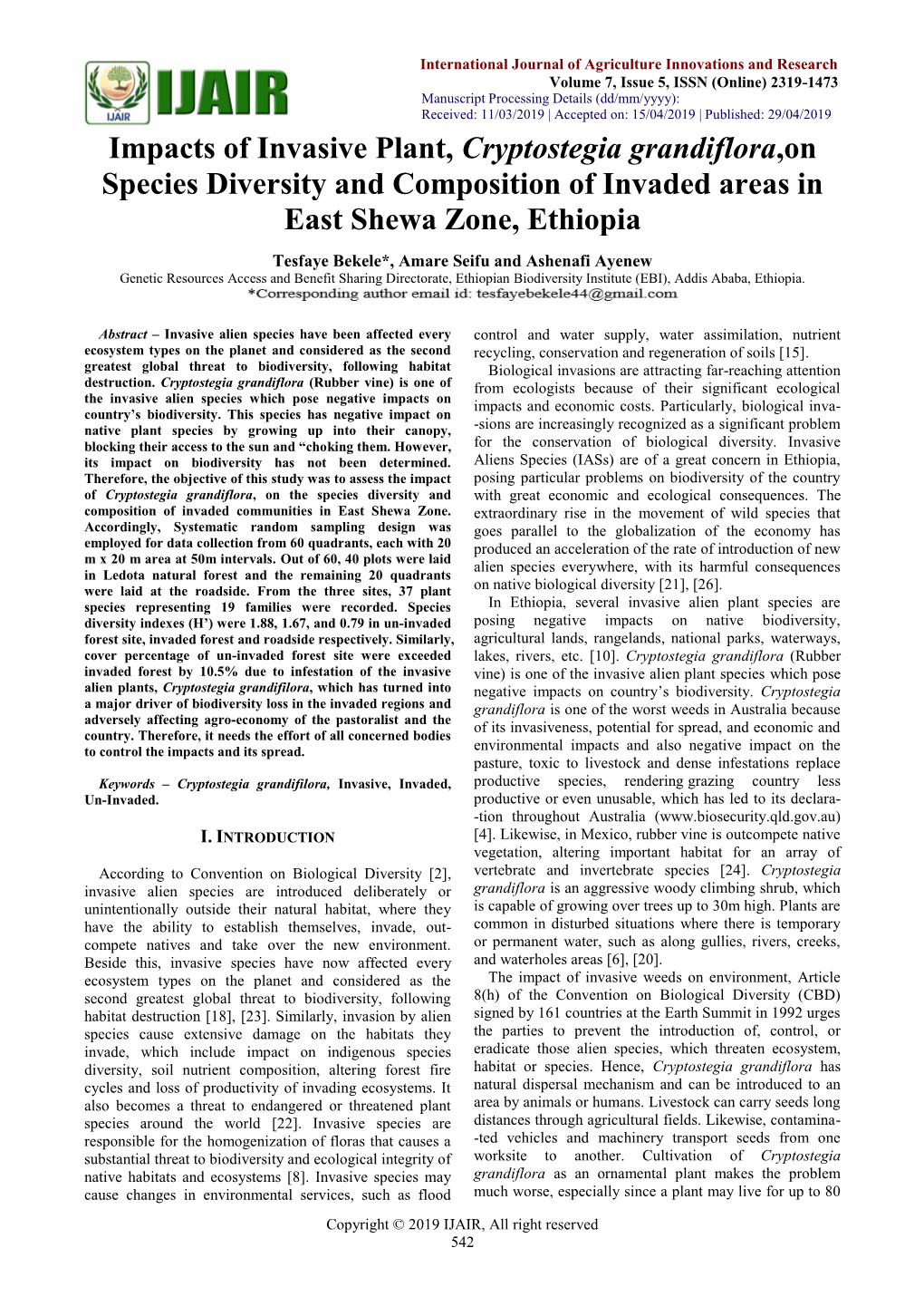 Impacts of Invasive Plant, Cryptostegia Grandiflora,On Species Diversity and Composition of Invaded Areas in East Shewa Zone, Ethiopia