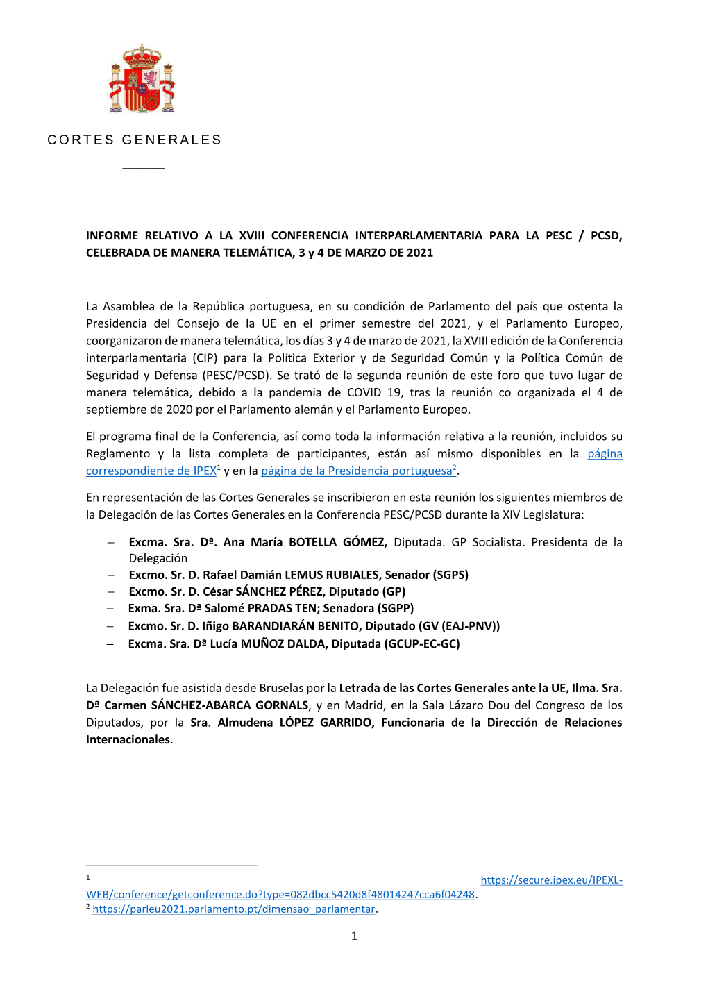 Cortes Generales 1 Informe Relativo a La Xviii