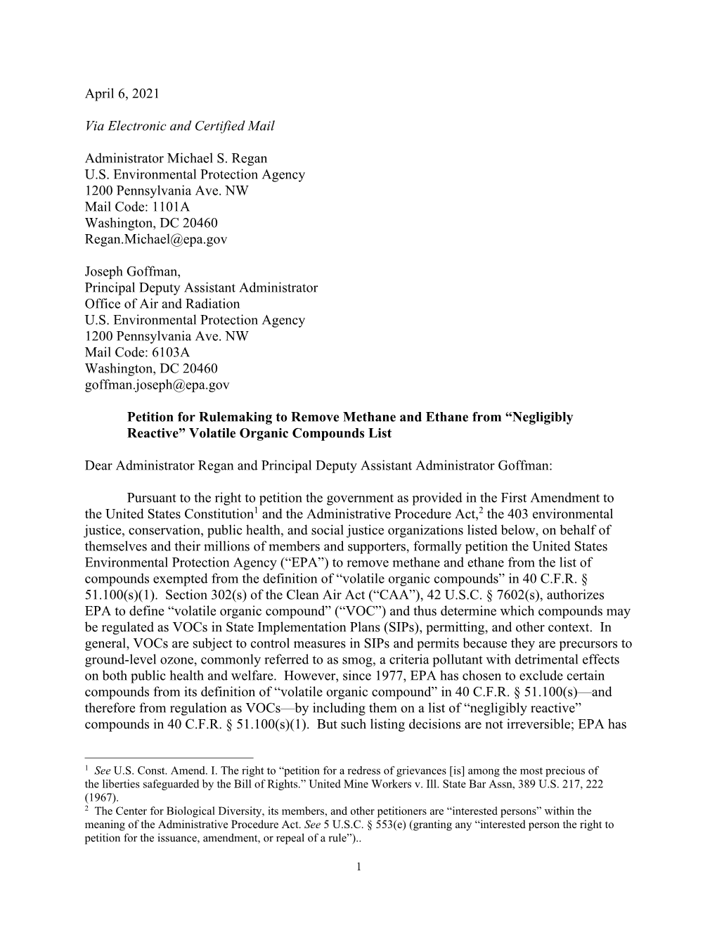 Petition to List Methane and Ethane As Vocs