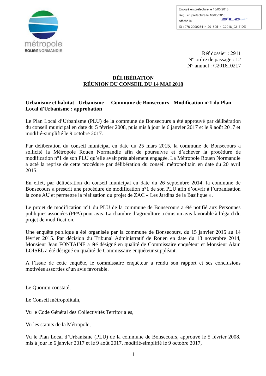 Réf Dossier : 2911 N° Ordre De Passage : 12 N° Annuel : C2018 0217